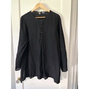 CP Shades Pure Irish Linen Tunic Top Medium Black Long Sleeve Henley Relaxed Fit